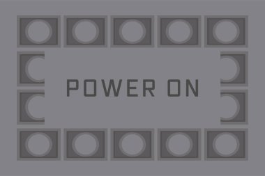 Daire detaylarıyla koyu gri dikdörtgen bir panel ve Power On kelimeleri cesur bir teknoloji tarzında ortaya konur..