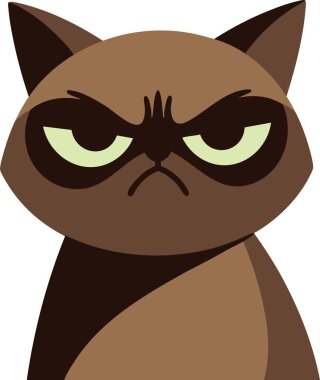 Huysuz bir kedinin düz çizgi film çizimi. Gözleri kısılmış ve sert bir ifadesi var.