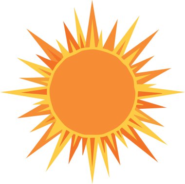 Ilık sarı ve turuncu tonlarda uzun sivri ışınları olan parlak bir güneşin düz çizimi