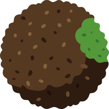 Koyu taneli yuvarlak pirinç topunun düz bir çizimi ve yanında yeşil dolgu maddesi var.