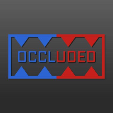 Kapalı metni kırmızı ve mavi geometrik bloklara bölen dikdörtgen rozet