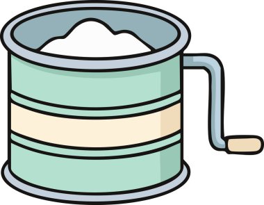 Yumuşak yeşil ve krem bantlı silindirik bir fırın süzgeci. Un havalandırmak için bir kenar sapı ve iç ağ.