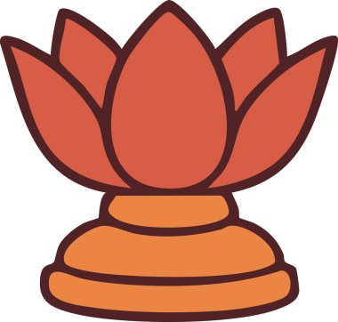 Bir basamağa yerleştirilmiş stilize bir nilüfer çiçeği ve üst üste binen sıcak kırmızı yapraklar.