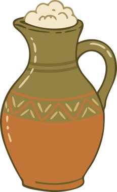 Dekoratif bir kil sürahisi, boynunda şerit olan köpüklü bir içecek tutar.