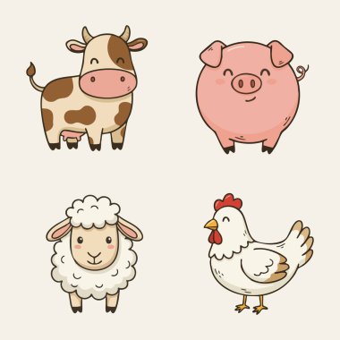 Benekli bir inek, pembe bir domuz, tüylü bir koyun ve iki sıra halinde dizilmiş beyaz bir tavuk koleksiyonu.