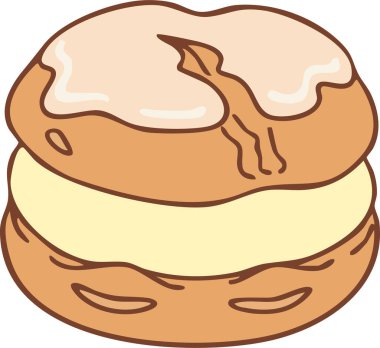 Yumuşak, yuvarlak, dilimlenmiş, krema ve kremayla dolu bir çörek.