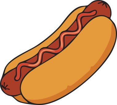 Sıcak bir çöreğin içine yerleştirilmiş dolgun bir sosis. Üstünde kırmızı ketçap şeridi var. Küçük bir ısırık için.