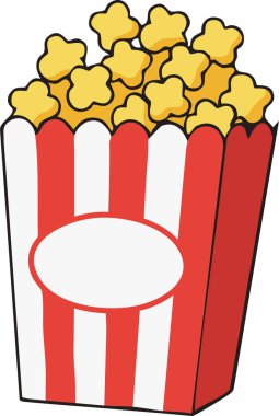 Kabarık tereyağlı patlamış mısırla dolu uzun bir karton. Kalın kırmızı ve beyaz çizgili.