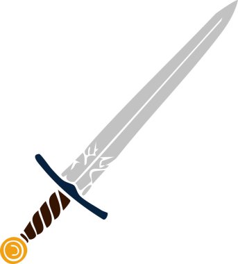 Gardiyanın yanına oyulmuş ince bir bıçak ve yuvarlak bir kulpla sarılmış bir tutuş içeren parlak bir uzun kılıç.