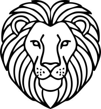 Temiz monokrom darbeleriyle yakalanmış katmanlı yelenin ortasında duran kraliyet aslanı yüzü.