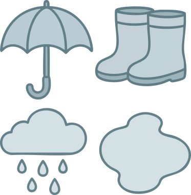 Açık bir şemsiye, lastik botlar, şişkin bulutlar ve düşen yağmur damlaları da dahil olmak üzere eğlenceli hava durumu öğeleri kümesi.