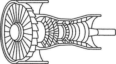 Teknik bir yan kesme göstergesi, giriş fan sıkıştırıcı aşamaları yanma ve egzoz hortumunu şaft boyunca düzenler