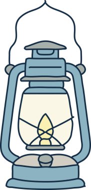 Klasik bir kamp feneri koruyucu bir kafes, cam baca ve yakıt deposunu taşır.