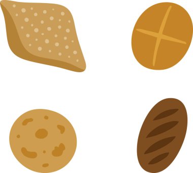 Küçük pastane parçalarından oluşan bir panelde üçgen rulo, çizilmiş bir bulut, tohumlu bir yuvarlak ve uzun koyu bir somun bulunur.