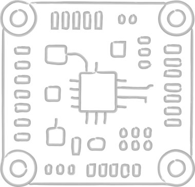 Biçimlendirilmiş bir PCB, merkezde iz ve bileşen pedleriyle çevrili bir kare entegre devre gösterir