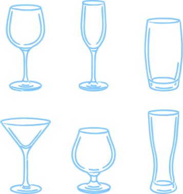 Şarap flüt martini coupe ve viski de dahil olmak üzere birden fazla cam şekil referans paneli olarak düzenlenmiştir.