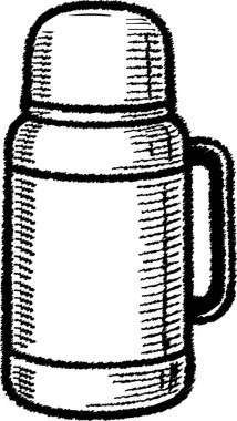 Klasik izole edilmiş kapaklı ve kenar saplı termos şişesinin ayrıntılı siyah çizgisi.