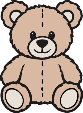 Dikilmiş detayları olan pelüş bir ayı dik oturur yuvarlak pençeleri ve tatlı bir gülümsemesiyle