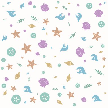 Küçük deniz yıldızları ve baloncuklar ile dolu neşeli bir okyanus temalı beyaz üzerine saçılmış.