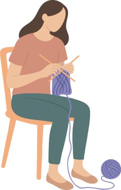 Bir kadın sandalyede oturmuş iğnelerle örgü örerken iplik yumağı ayaklarının dibinde duruyor..