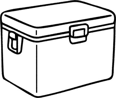 Yan saplı, kapaklı, portatif bir buz soğutucusunun beyaz çizgi çizimi, üç çeyrek perspektifte görülüyor..