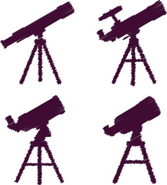 Teleskop simgelerinden oluşan koyu mor siluetler, astronomi temalı bir grafiği temsil ediyor.