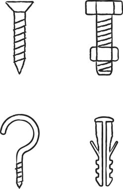 Cıvata kancası ve sıra sanatında kullanılan duvar prizleri de dahil olmak üzere donanım ögelerinin dikey kümesi