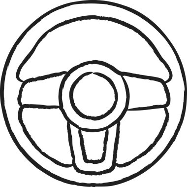 Sürücü görünümünde merkezi merkez ve kenar detaylarıyla gösterilen bir araç direksiyonunun temiz bir çizgisi çizimi