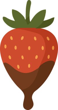 Olgun kırmızı bir çilek. Parlak çikolata kaplı. Üstünde yeşil yapraklar var.