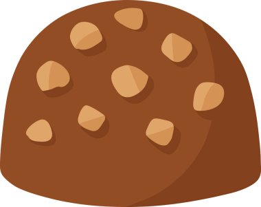 Yuvarlak bir çikolata şekeri. Kıtır kıtır fındık parçalarıyla süslenmiş. Kahverengi tonlarda çizilmiş.