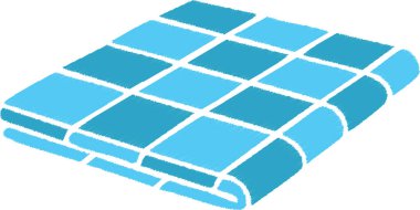 Pofuduk mavi bir havlu katlanmış düzgün bir yığının içinde görünür kenar dikişleri var..