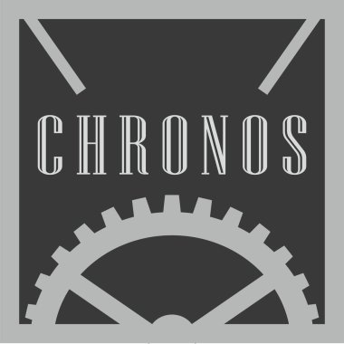 Şekillendirilmiş dişli ve mekanik yay elementlerinin üzerinde kronos metin içeren koyu bir amblem