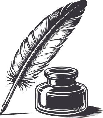 Yüzeydeki mürekkep şişesinin yanında tüy kalem resmi.