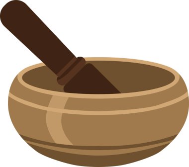 Ahşap bir havan kasesinin düz çizimi. İçindekileri öğütmek için tokmağı var.