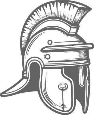 Romalı miğferinin çizgi çizimi. Üzerinde arma ve yanak koruması var. Gri tonlarda.