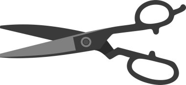 Açık terzi makasının düz çizimi. Parmak düğümleri ve keskin bıçakları var.