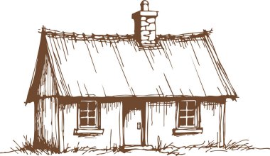 Dikenli sazdan çatı bacası ve ön camları olan küçük bir kır evinin ayrıntılı çizgisi çizimi.