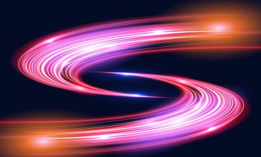 Dinamik soyut görüntü, parlak pembe ve turuncu renkli kıvrımlı ışık yollarıyla koyu bir arkaplan oluşturarak hız ve enerji hissi yaratıyor..