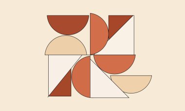 Toprak tonlarında geometrik şekiller içeren, dengeli ve görsel olarak çekici bir kompozisyon yaratan modern bir soyut tasarım..