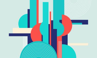 Modern, minimalist tarzda daireler, dikdörtgenler ve çizgiler içeren soyut geometrik çizimler. Arkaplan ve tasarım projeleri için mükemmel.