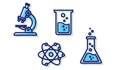 Mikroskop, deney tüpü ve atom içeren bir takım bilim simgeleri. Eğitim materyalleri ve araştırma projeleri için mükemmel..