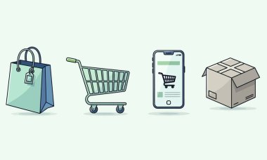 Alışveriş çantası, el arabası, akıllı telefon ve online alışveriş ve e-ticaret kavramları için kutu..