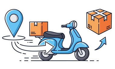 Bir scooter 'ın ambardan lokasyon broşürüne bir paket teslim edişinin resmi..