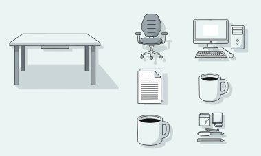 Bir masa, sandalye, bilgisayar ve diğer ofis gerekliliklerinin yer aldığı minimalist ofis çalışma alanının temiz ve basit bir çizimi.