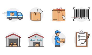 Teslimat, lojistik ve iş ve e-ticaret uygulamaları için depolamayı temsil eden bir dizi simge.