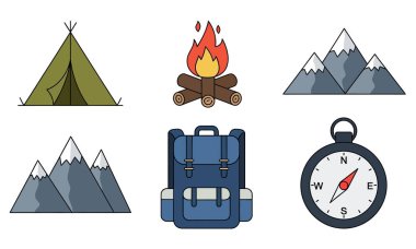 Kamp ikonlarında çadır, kamp ateşi, dağlar, sırt çantası ve pusula var. Açık hava macera temaları için mükemmel..