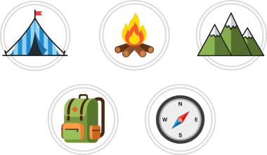 Çadır, kamp ateşi, dağlar, sırt çantası ve pusula içeren bir kamp ikonu koleksiyonu. Açık hava macera temaları için mükemmel..