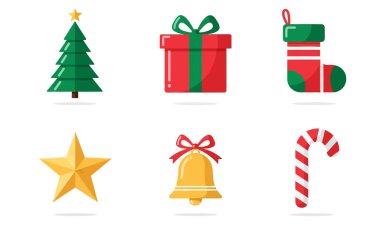 Bir ağaç, hediye, çorap, yıldız, çan ve şeker kamışından oluşan renkli Noel simgeleri koleksiyonu. Tatil tasarımları için mükemmel..