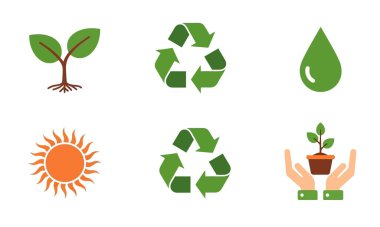 Çevre dostu tasarımlar için sürdürülebilirliği, geri dönüşümü ve çevresel farkındalığı temsil eden ekolojik simgelerin toplanması.