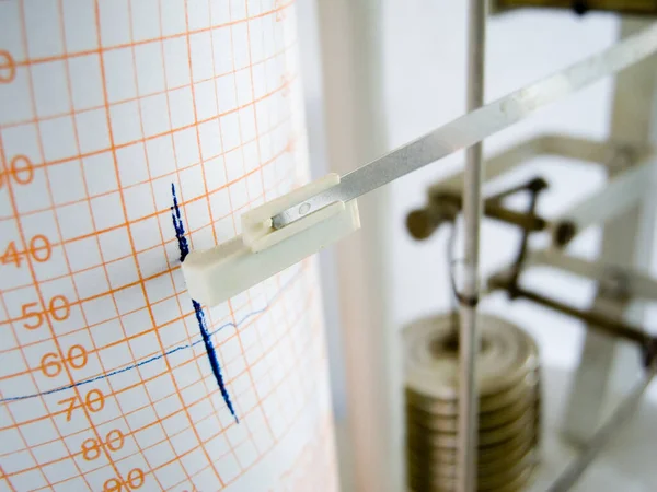 Kılavuz barografın grafik rulosundaki keçeli kalemin belirsiz yakın çekimi.